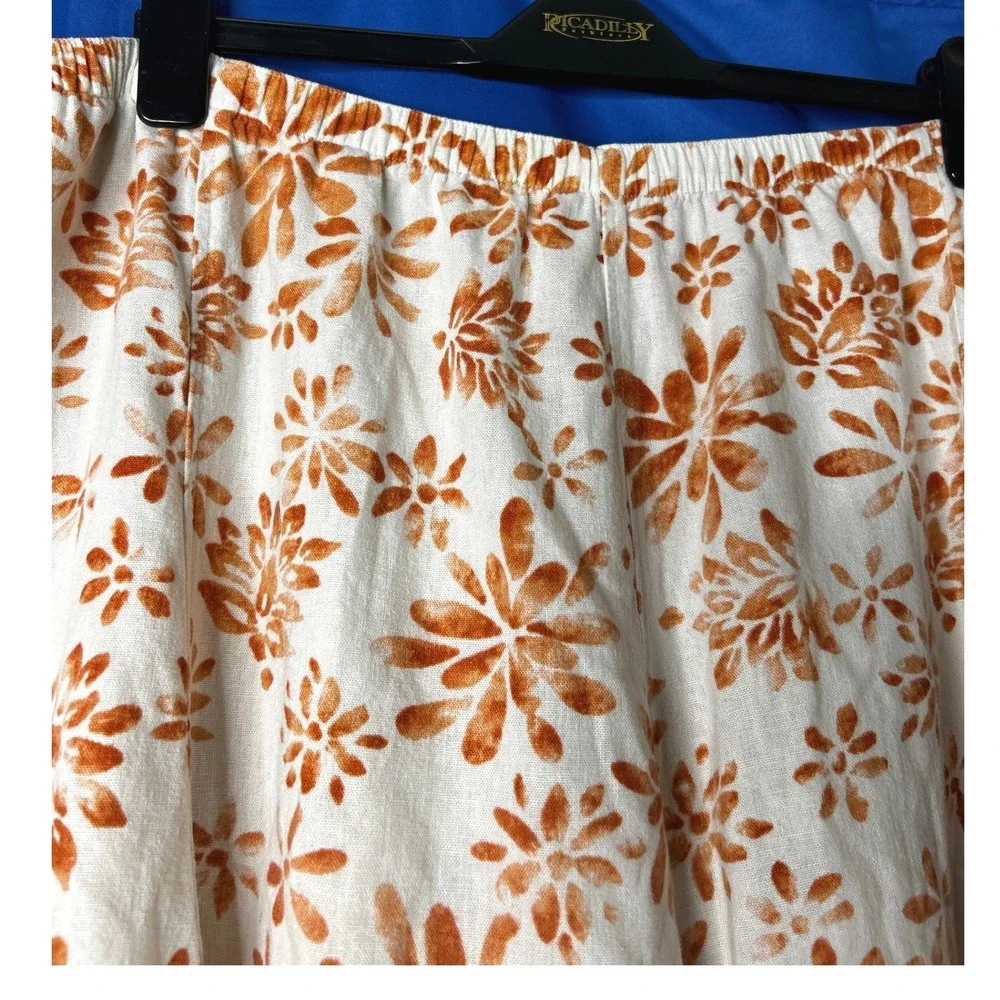 Womens Floral Linen Midi Skirt Sz 2X Plus Size Flowy Resort Pull-On Cottagecore